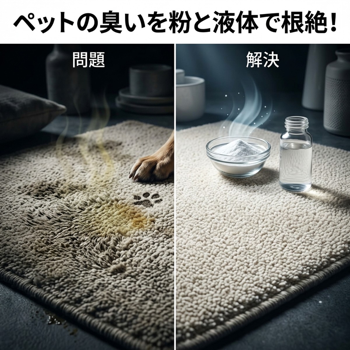 ペットのおしっこ臭が消えない！粉と液体で徹底的に清潔にする方法