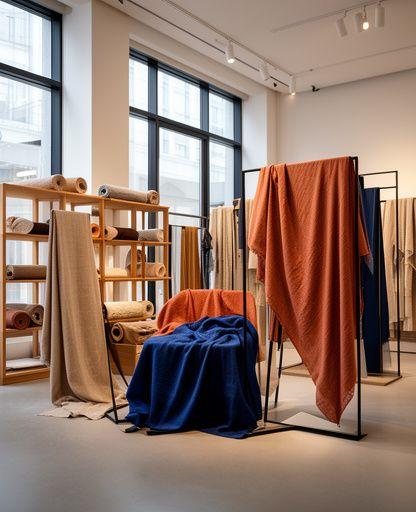 Rows of premium bespoke suit fabrics on display