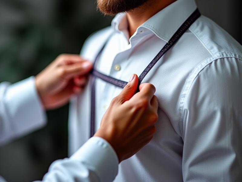 Tailor measuring an athletic client's shoulders