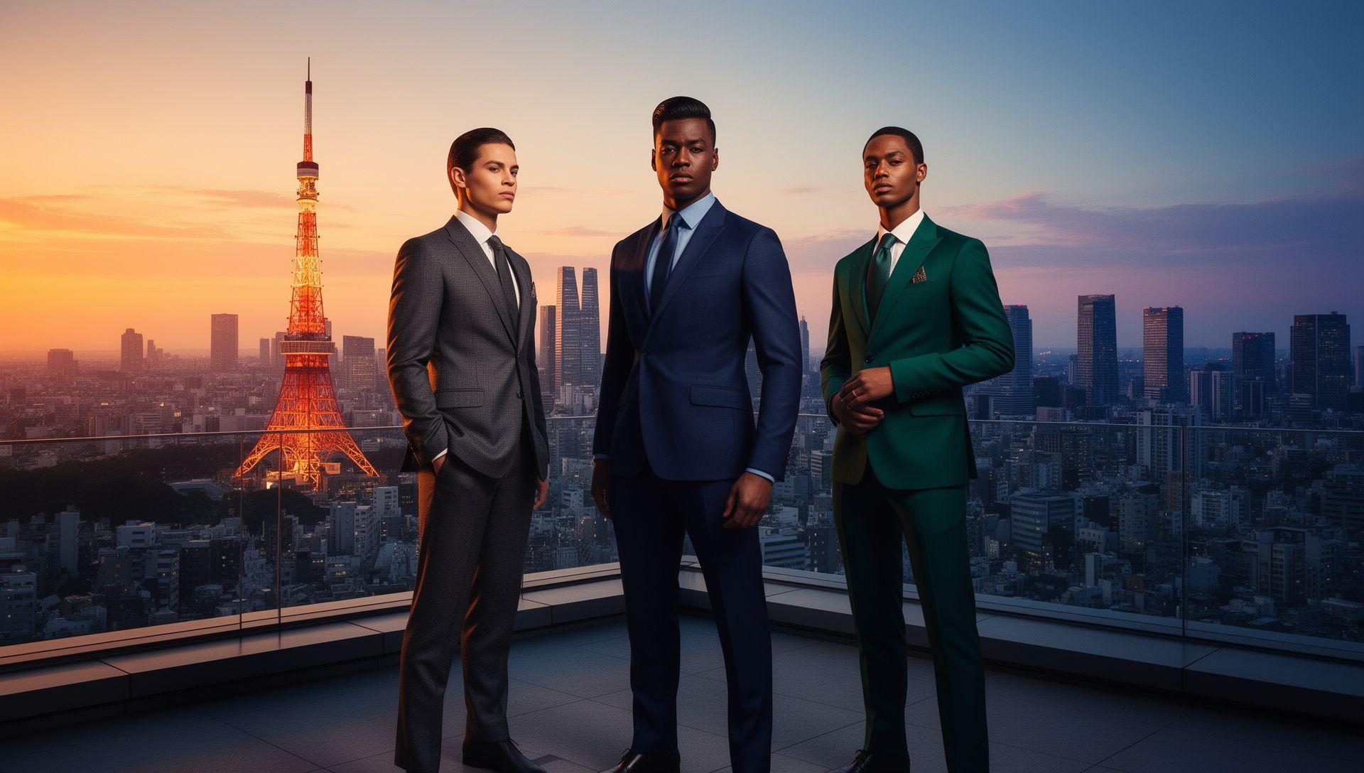 Tokyo skyline backdrop with a bespoke suit detail