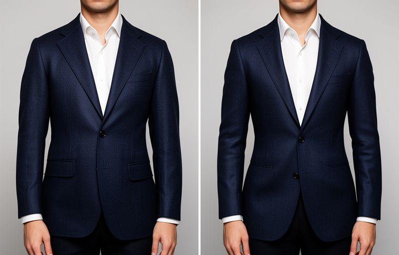 Side-by-side comparison of a suit jacket before and after waist tapering at Lean Brite