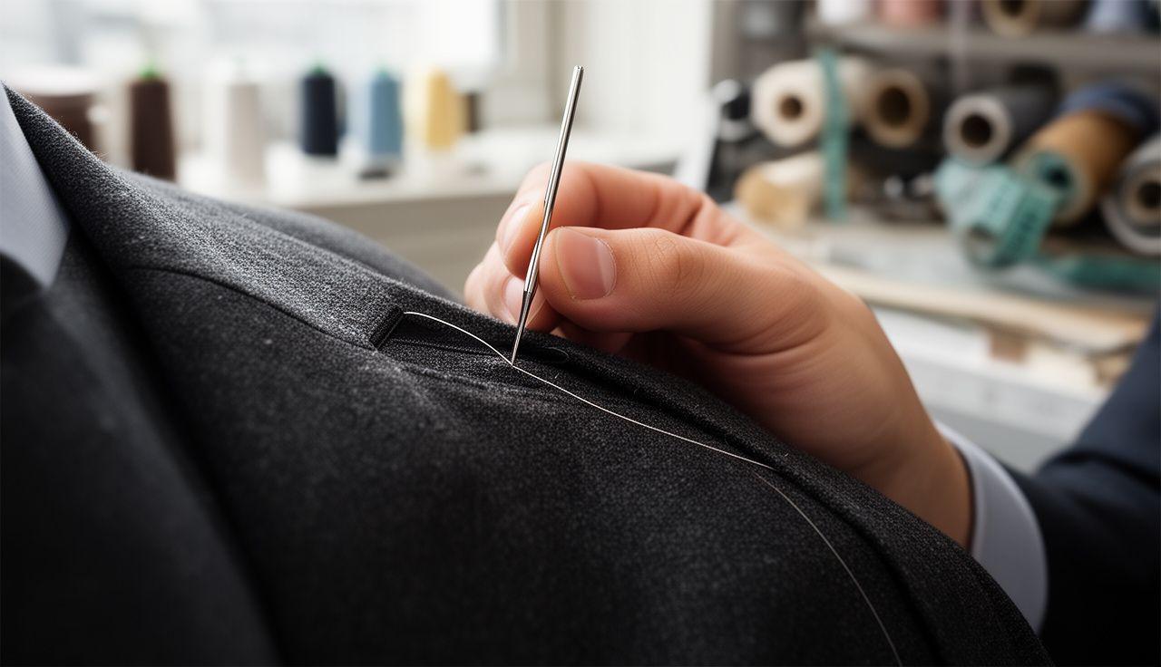 Master tailor at Lean Brite meticulously pinning a luxury suit jacket in Shinagawa studio