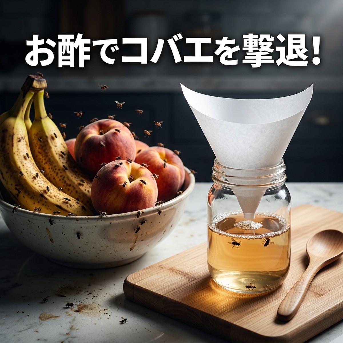 キッチンに飛ぶコバエ対策：お酢でできる簡単・確実な撃退法